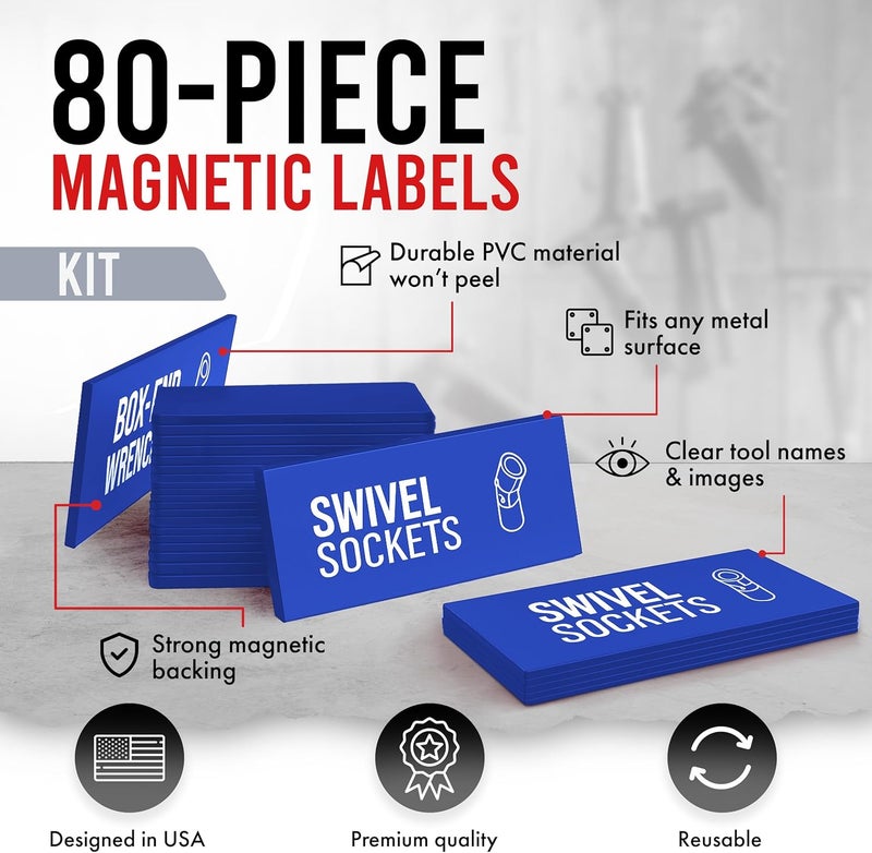 Itera Toolbox Organization Magnetic Labels-80 Large Tool Chest Organizer Labels-Strong Magnets-Fits All Brands of Steel Tool Box Drawers (Blue 3.125x1.0 in) - Image 4